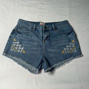 Gianni Bini Blue and Yellow Jean Shorts with Southwestern Embroidery